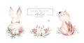 Watercolor Happy Easter baby bunnies design with spring blossom flower. Rabbit bunny kids illustration isolated. Hand Royalty Free Stock Photo