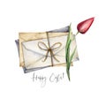 Watercolor Happy easter card with envelopes and flower. Hand painted minimalistic design with red tulip isolated on
