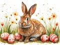 Watercolor happy easter clipart, rabbits, flowers, eggs, white isolated background, space out, white background