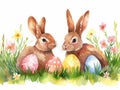 Watercolor happy easter clipart, rabbits, flowers, eggs, white isolated background, space out, white background