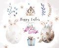 Watercolor Happy Easter. Colored egg with bunny ears and spring floral, isolated on a white background for design set