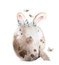 Watercolor Happy Easter. Colored egg with bunny ears and spring floral, isolated on a white background, vintage watercolor