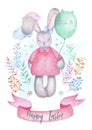 Watercolor happy easter cute girl bunny with air balloons flowers Royalty Free Stock Photo