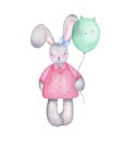 Watercolor happy easter cute girl bunny rabbit with air balloons Royalty Free Stock Photo