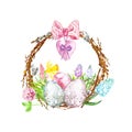 Watercolor Happy easter decoration. Hand painted  wreath with colored eggs, tree branches and colorful spring flowers Royalty Free Stock Photo