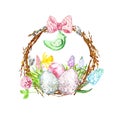 Watercolor Happy easter decoration. Hand painted  wreath with colored eggs, tree branches and colorful spring flowers Royalty Free Stock Photo