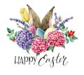 Watercolor Happy easter floral and rabbit ears card. Holiday illustration with hyarangea, eggs, lavender, tulip and dog