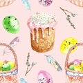 Watercolor happy Easter seamless pattern. Hand drawn Easter sponge cake, basket with colored eggs, bird feathers and pussy willow