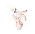 Watercolor Happy Easter baby bunnies design with spring blossom flower. Rabbit bunny kids illustration isolated. Hand Royalty Free Stock Photo