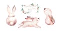 Watercolor Happy Easter baby bunnies design with spring blossom flower. Rabbit bunny kids illustration isolated. Hand