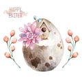 Watercolor Happy Easter set, Colored eggs with pink flower and spring floral, isolated on a white background, vintage watercolor