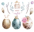 Watercolor Happy Easter set, Colored eggs with pink flower and spring floral, isolated on a white background, vintage watercolor