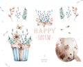 Watercolor Happy Easter set, Colored eggs withflower and spring floral, isolated on a white background, vintage watercolor