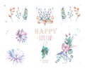 Watercolor Happy Easter set, Colored eggs withflower and spring floral, isolated on a white background, vintage watercolor