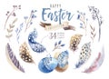 Watercolor happy easter set with flowers, feathers and eggs. Spring holiday decoration. Hand drawn April boho design.