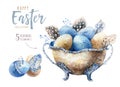 Watercolor happy easter vase illustration with flowers, feathers and eggs. Spring holiday decoration. April boho design. Royalty Free Stock Photo