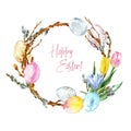 Watercolor spring pussy willow wreath with eggs and flowers, isolated on white background. Decorative frame for Easter cards