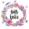 Watercolor Happy Easter wreath, spring bouquet