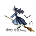 Watercolor Happy Halloween card. Hand painted Hand painted bats and witch flying on broomstick. Halloween illustration Royalty Free Stock Photo