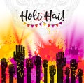 Watercolor hand drawn Happy Holi celebration card. Invitation card in vector. Royalty Free Stock Photo