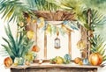 Watercolor Happy Jewish Holiday Sukkot Flat Illustration with sukkah, etrog Royalty Free Stock Photo