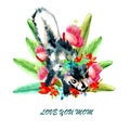 Watercolor Happy mother`s day greeting card with cute little baby animal skunk and text LOVE YOU MOM