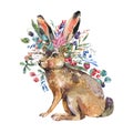 Watercolor hare with flowers isolated on white background. Floral Easter bunny