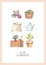 Watercolor harvest poster with farm vegetables, watering can, grain bag, cabbage, plants. Childish print. Perfect for home decor,