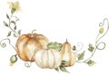 Watercolor harvest scene with pumpkin, flowers and leaves bouquet clipart. Fall decor composition for Thanksgiving, autumn Royalty Free Stock Photo