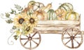 Watercolor harvest scene with wooden cart and pumpkin, sunflowers and leaves bouquet clipart. Fall decor composition with Wagon