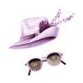 Watercolor hat and sunglasses. Summer vacation items isolated on white. Wine color. Hand painted set