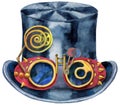 Watercolor hat top hat with steampunk goggles. Vintage mens dress.