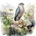 Hyperrealistic Watercolor Illustration Of Gray Hawk In Natural Setting