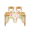 Watercolor head table with flower arrangement isolated on white. Hand painted wood sweetheart table, wooden chairs Royalty Free Stock Photo