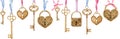 Watercolor header with heart-shaped golden locks and keys handing on blue and pink ribbons Royalty Free Stock Photo