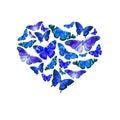 Watercolor heart filled with bright transparent butterflies of blue shades.