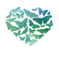 Watercolor heart filled with bright transparent butterflies of green, turquoise and blue shades.