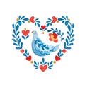 Abstract heart from folklore shapes with a dove inside a wreath of twigs and flowers. Royalty Free Stock Photo