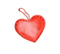 Watercolor heart illustration. Hand painted red heart shape with eyelet isolated on white background. Romantic image for