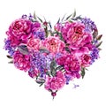 Watercolor Heart made of Peonies and Lilac