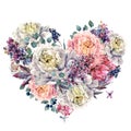 Watercolor Heart made of Peonies and Lilac