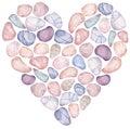 Watercolor heart made of sea pebble stones. Ocean love and vacation concept. Royalty Free Stock Photo