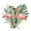 Watercolor heart with palm leaves and flamingo. Hand painted exotic bird, coconut and banana branch, monstera, berries Royalty Free Stock Photo