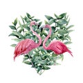 Watercolor heart with pink flamingo and eucalyptus leaves. Hand painted pink flamingo and leaves isolated on white Royalty Free Stock Photo