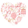 Watercolor heart with pink and gold set of elements for Valentine's day. Sweets, hearts, jewellery, bows, flowers