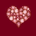 Watercolor Heart from red pink crystal with gold element isolated on red background. Beautiful bright jewelry shape