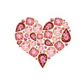 Watercolor Heart from red pink crystal with gold element isolated on white background. Beautiful bright jewelry shape