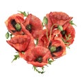 Watercolor heart with red poppies. Hand painted flowers and leaves isolated on white background. Valentine`s Day print Royalty Free Stock Photo
