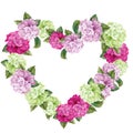 Watercolor Heart-shaped frame of multy colored hydrangea flowers