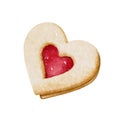 Watercolor heart shaped Linzer cookie filled with strawberry jam. Valentines day concept Royalty Free Stock Photo